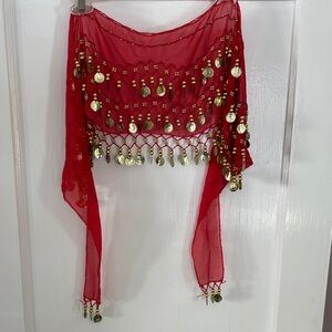 Elegant Red Belly Dance Scarf with Gold Accents